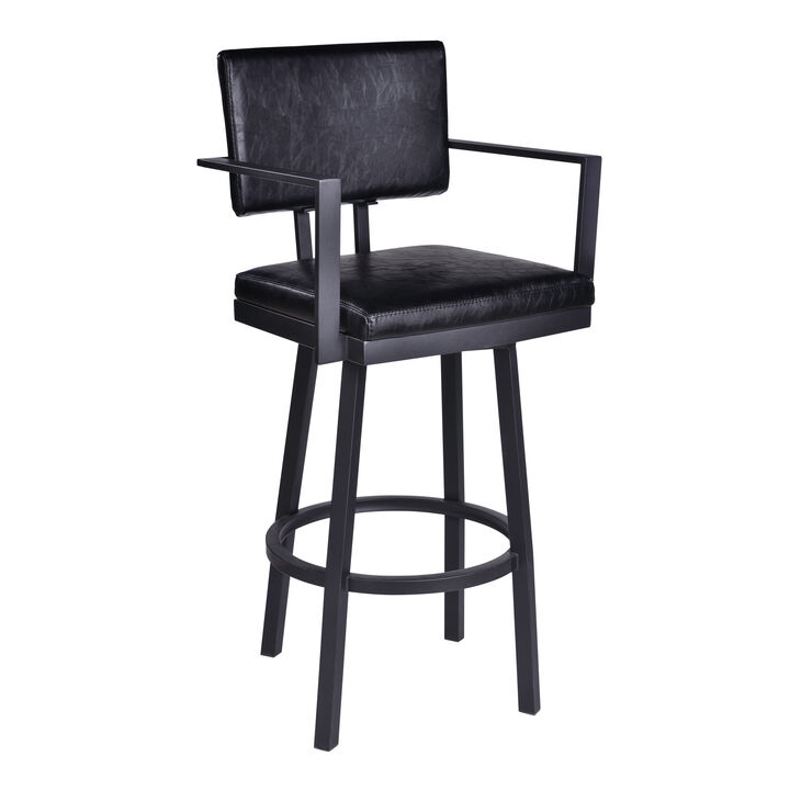 Balboa  Counter Height Swivel Vintage Black Faux Leather and Metal Bar Stool with Arms