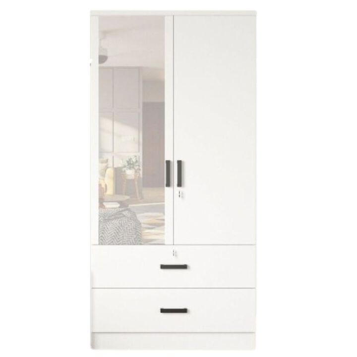 Mirrored 2 Doors Wardrobe & 2 Drawers 72" Tall