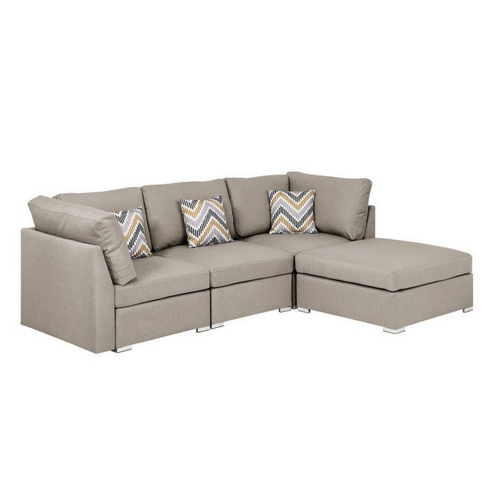Tony 95 Inch Modern Chaise Sofa with Ottoman and 3 Pillows, Beige Fabric-Benzara