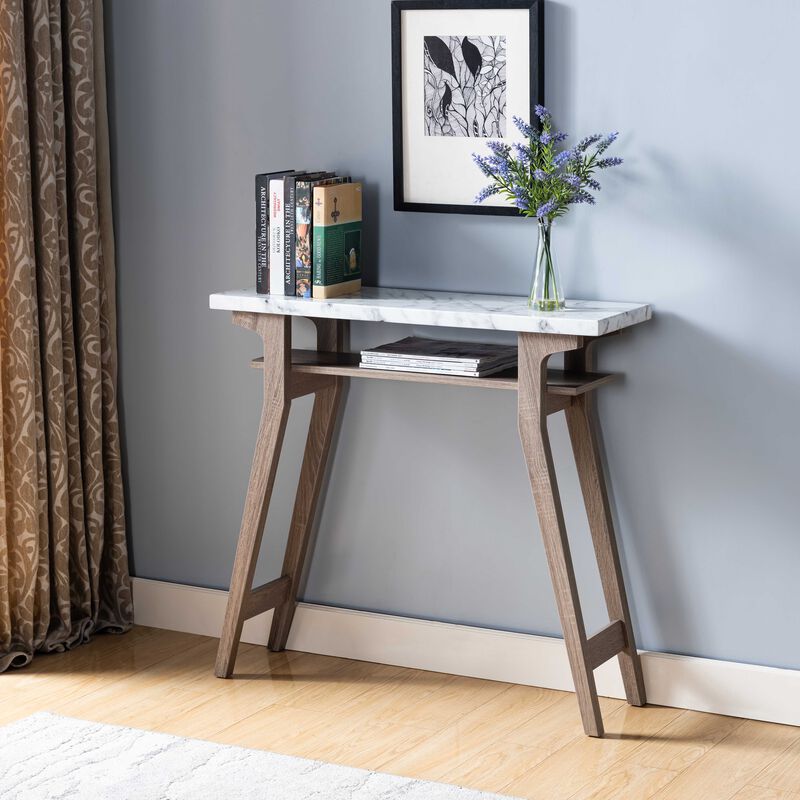 Faux Marble White & Dark Taupe Console Table with Flare Legs