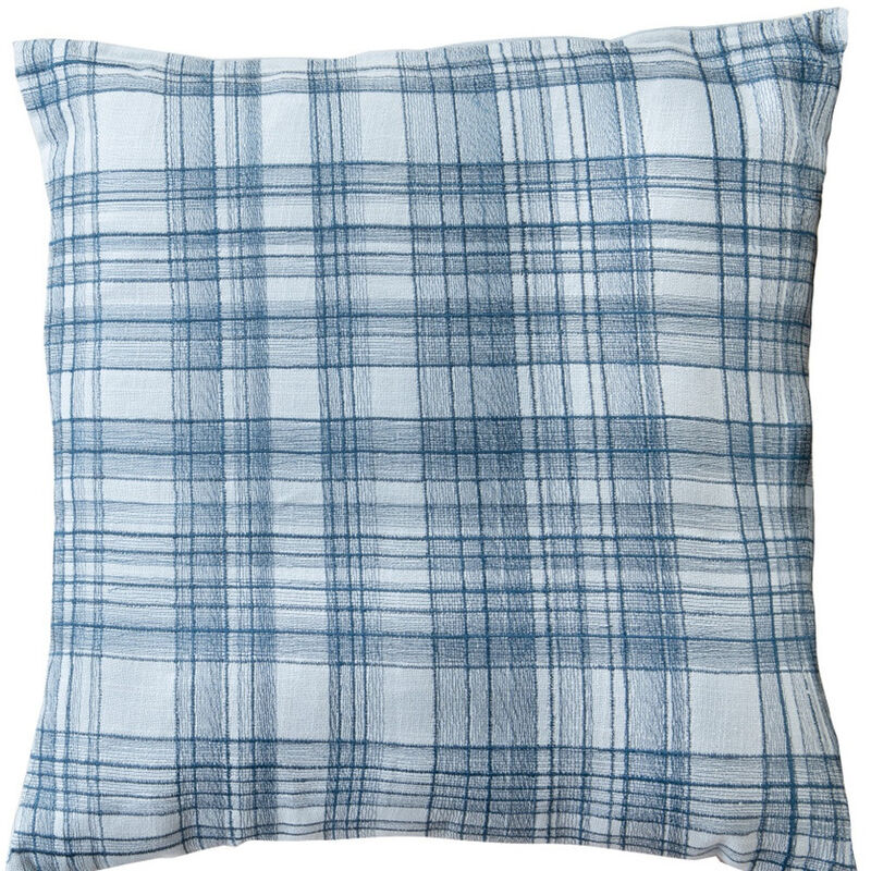 HomeRoots 20" Blue Check Cotton Blend Throw Pillow With Embroidery image number 0