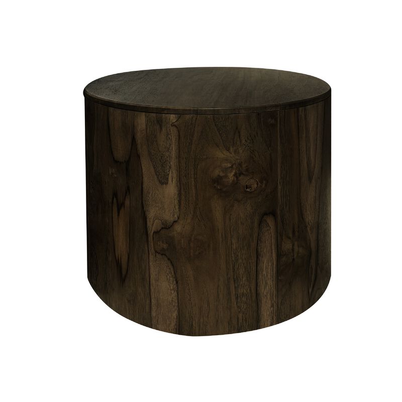 Eray Side End Table, Modern Drum Shape Black Mango, Teak Wood, 24 Inch