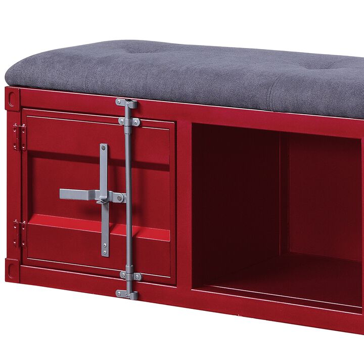 2 Metal Door Storage Bench with Open Compartment and Fabric Upholstery, Red-Benzara