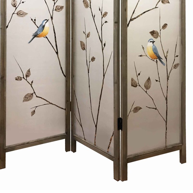 Art Styled 3 Panel Wooden Screen with Hand painted Fabric Design, Beige - Benzara