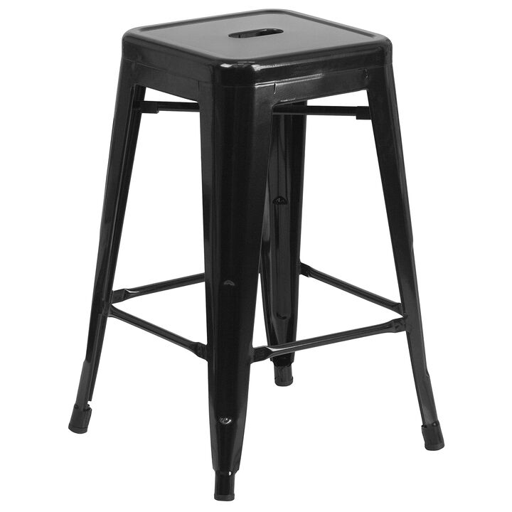 Flash Furniture Kai Commercial Grade 24" High Backless Black Metal Indoor-Outdoor Counter Height Stool with Square Seat