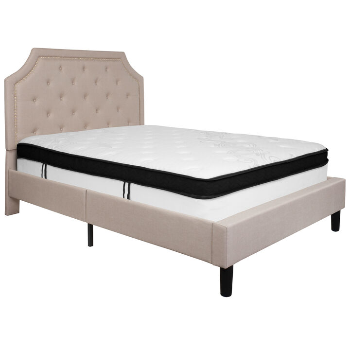 Brighton Full Size Tufted Upholstered Platform Bed in Beige Fabric with Memory Foam Mattress