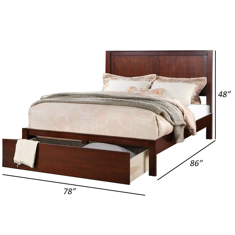 Kali Platform King Size Bed, Panel Design, 1 Storage Drawer, Cherry Brown - Benzara
