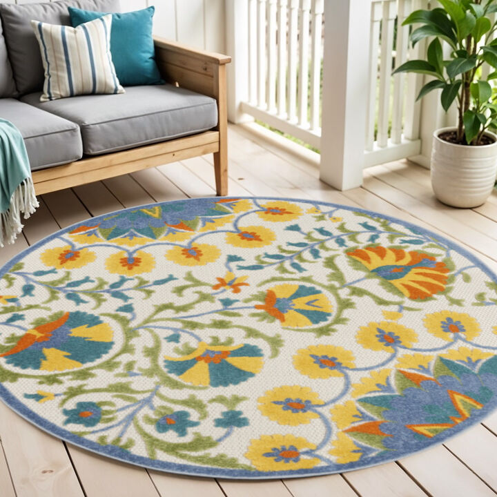 HomeRoots 4' Ivory Blue Yellow And Orange Round Floral Indoor Outdoor Area Rug