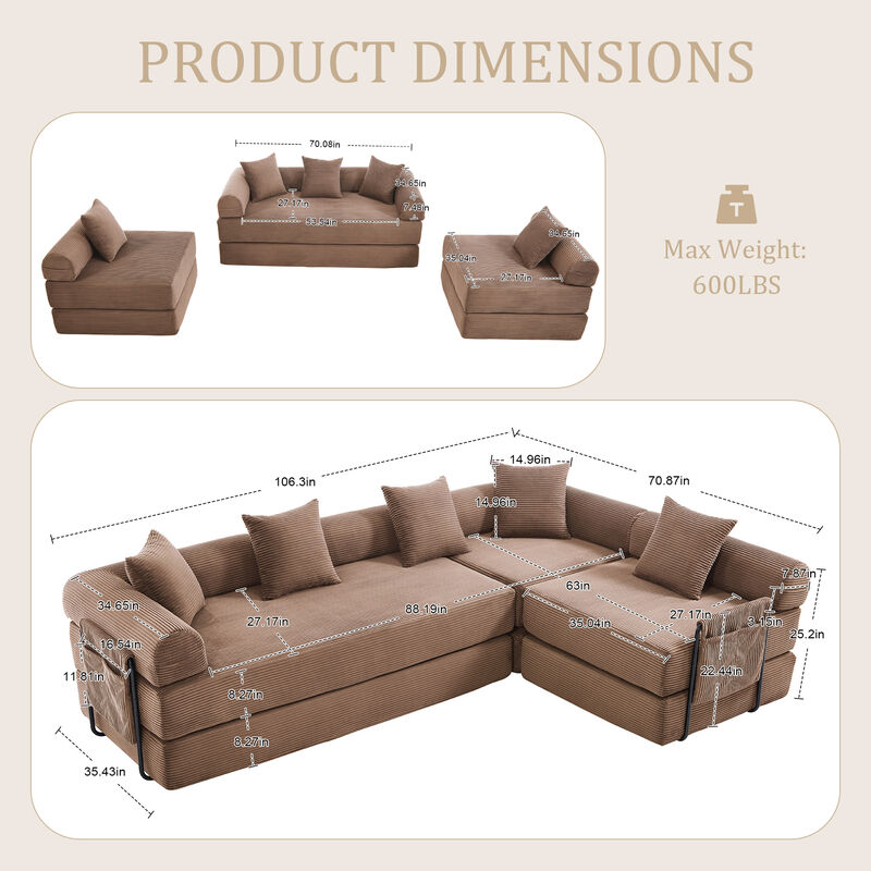 Folding Multi-Scene Convertible Sofa Bed with Storage Pockets image number 5