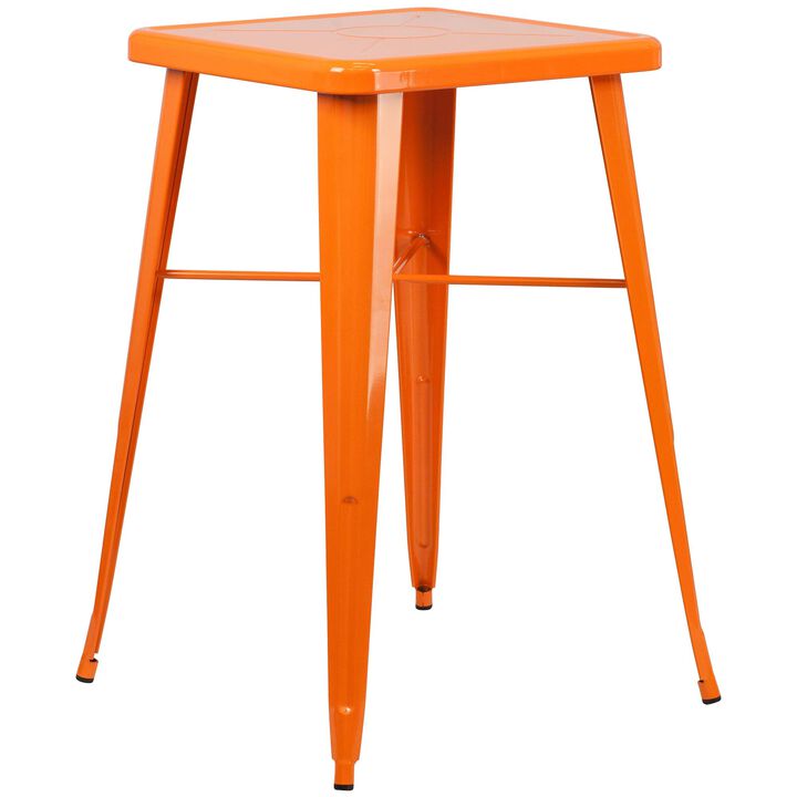 Flash Furniture Commercial Grade 23.75" Square Orange Metal Indoor-Outdoor Bar Table Set with 2 Stools with Backs