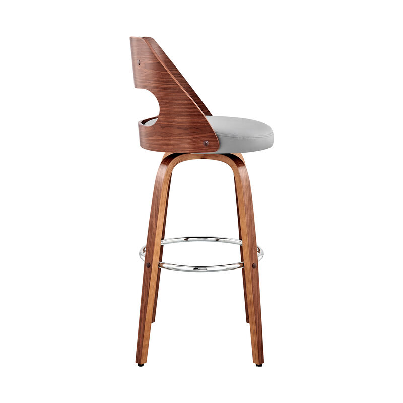 Julius  Gray Faux Leather and Walnut Wood Bar Stool