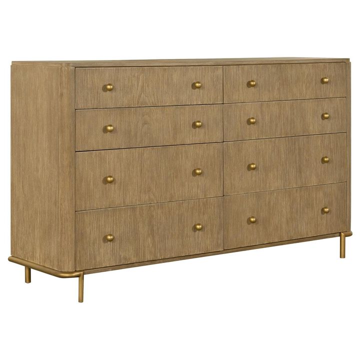 Benjara Sea 63 Inch Modern Dresser with 8 Drawers, Slender Legs, Natural Brown Wood