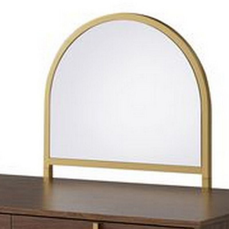 Vanity Desk with Mirror and Open Metal Frame, Brown and Gold-Benzara
