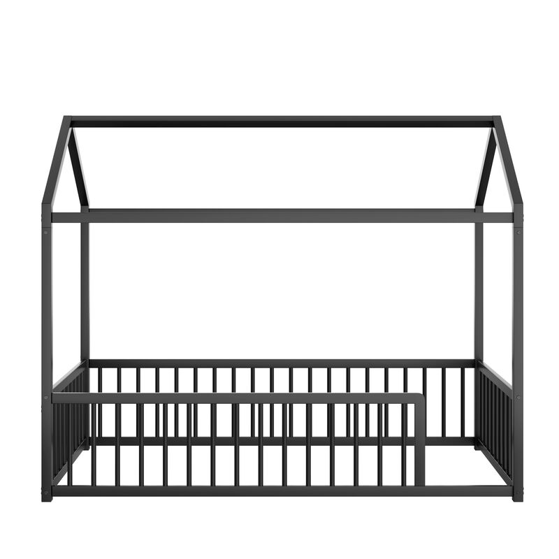 Merax Montessori Style Metal Floor Bed Frame, House Shaped Bed with Fence for Kids and Toddlers image number 0