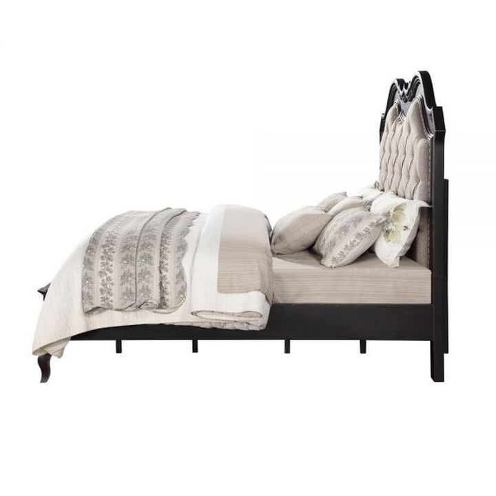 Benjara Chery King Size Bed with Button Tufted Headboard, Upholstery, Beige, Black