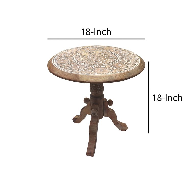 Intricately Carved Round Top Mango Wood Side End Table with Pedestal Base, Brown and White-Benzara
