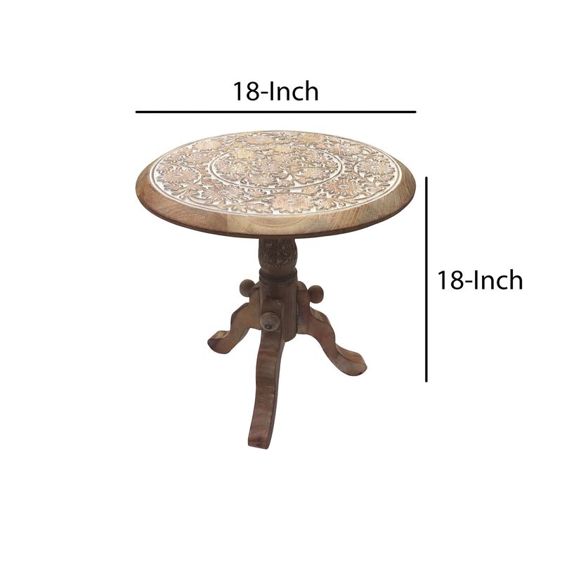 Intricately Carved Round Top Mango Wood Side End Table with Pedestal Base, Brown and White image number 5