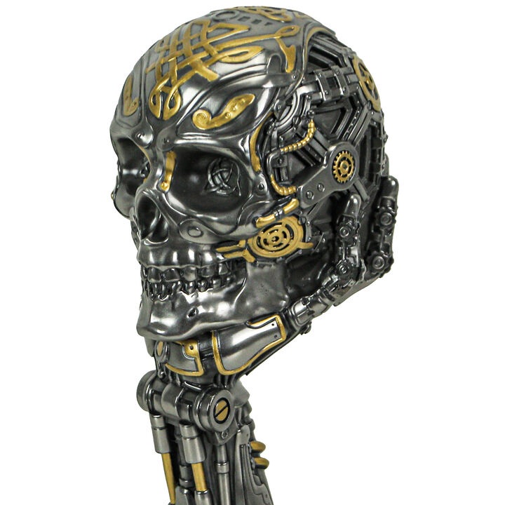 Silver / Gold Finished Steampunk Human Skull Statue - Robotic Arm Base