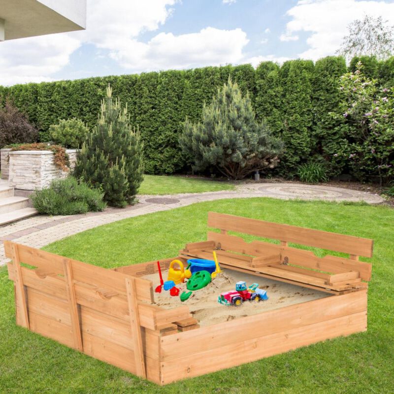Hivvago Kids Wooden Sandbox with 2 Foldable Bench Seats
