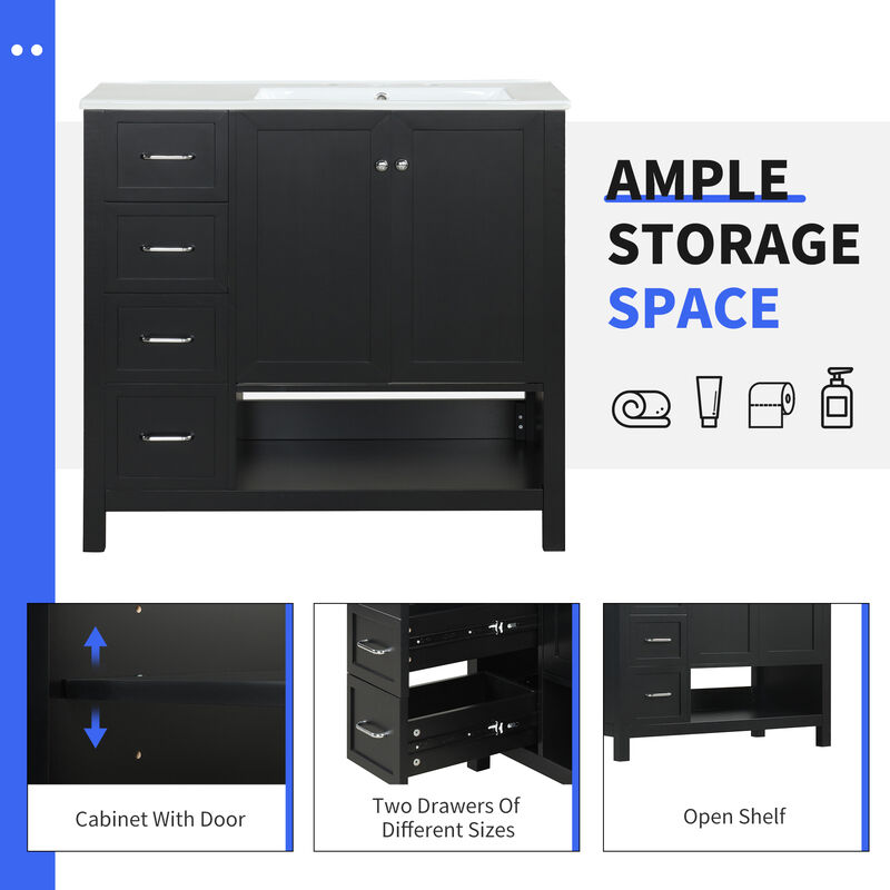 Whisen Bathroom Vanity with Sink, Freestanding Vanity with Drawers, cabinet and Open shelf - Black