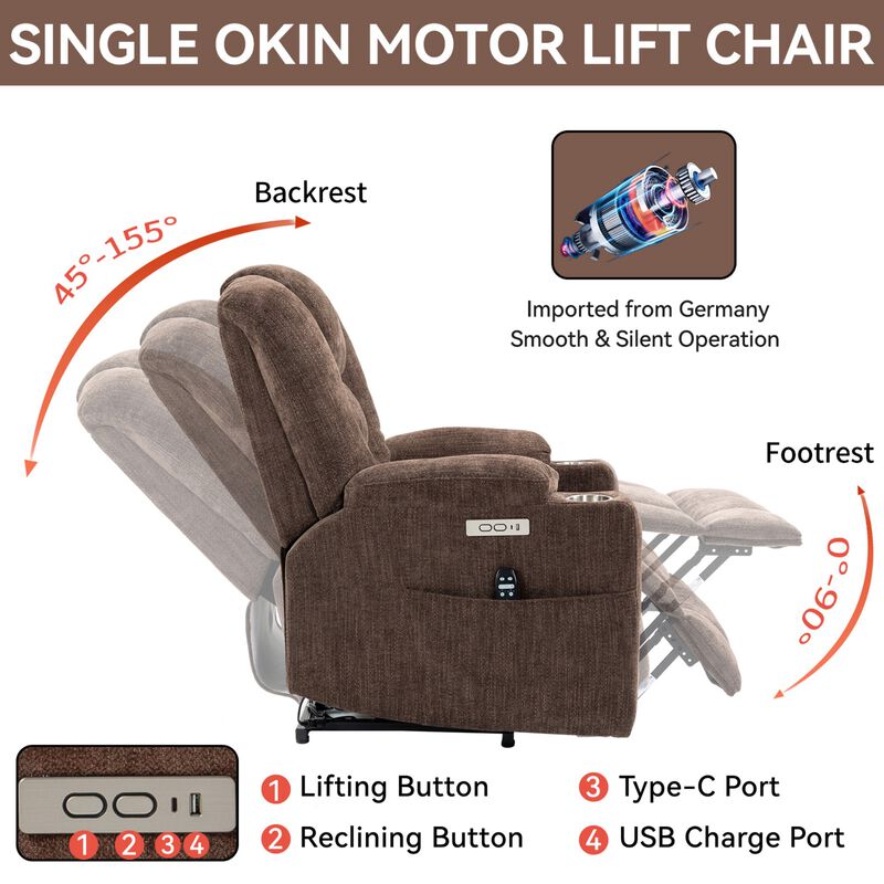 EMON'S Large Power Lift Recliner Chair with Massage and Heat for Elderly, Overstuffed Wide Recliners, Heavy Duty Motion Mechanism with USB and Type C Ports, 2 Steel Cup Holders
