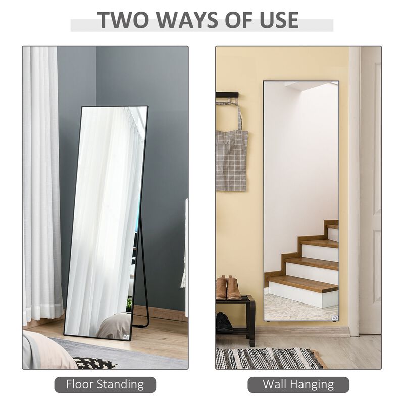 Black Dressing Mirror: Full-Length Aluminum Frame, Floor/Wall Mount