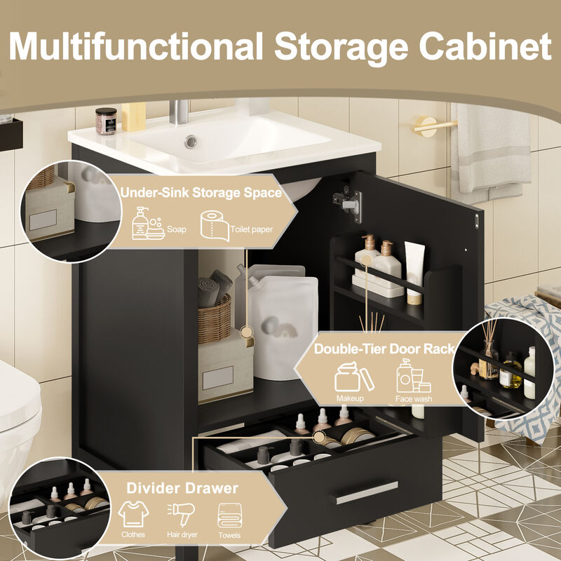 ELEMENT ACE Compact Bathroom Vanity with Integrated Ceramic Sink, Soft-Close Drawer & Door, Divider Drawer, Adjustable Foot Pads for Small Bathrooms image number 6