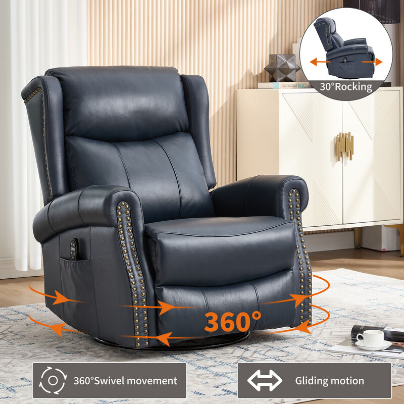 Genuine leather Heat Massage Manual Recliner Chair with Rocker and Swivel for Living Room image number 5