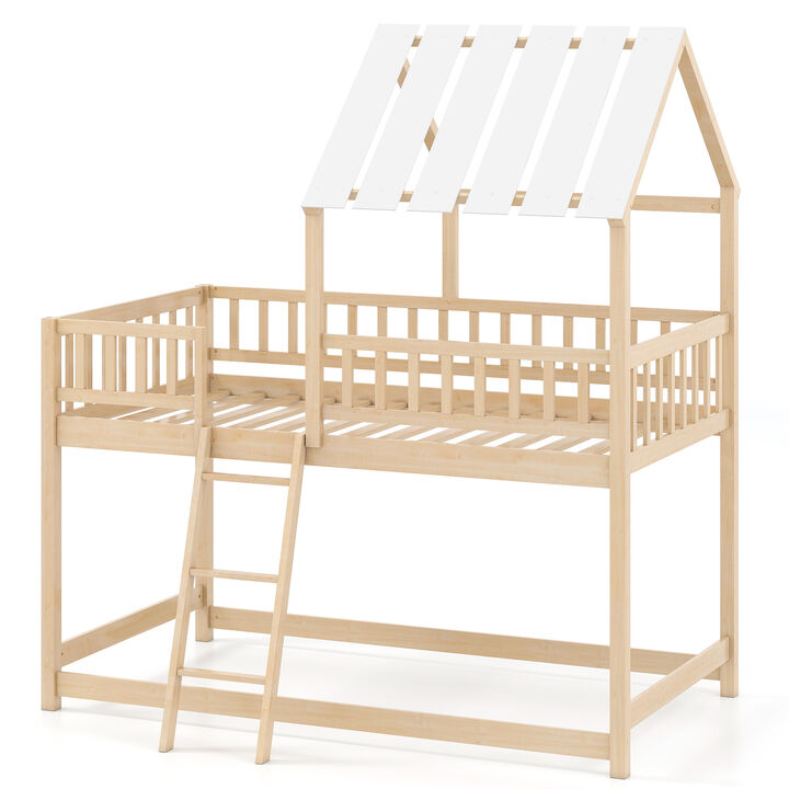 Kids Twin Over Twin House Bunk Bed with Roof & Safety Guardrails-Natural