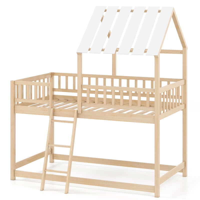 Kids Twin Over Twin House Bunk Bed with Roof & Safety Guardrails-Natural image number 0