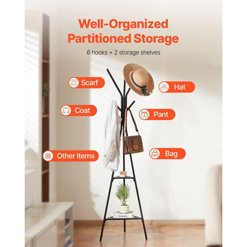 Freestanding Coat Rack with 2 Shelves and 6 Hooks, Entryway Coat Stand image number 6