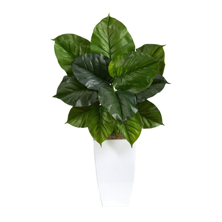 Nearly Natural 34-in Large Philodendron Leaf Plant in White Metal Planter