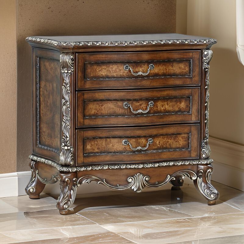 Vany Nightstand, Traditional Floral Trim, 3 Drawers, Cherry Brown - Benzara