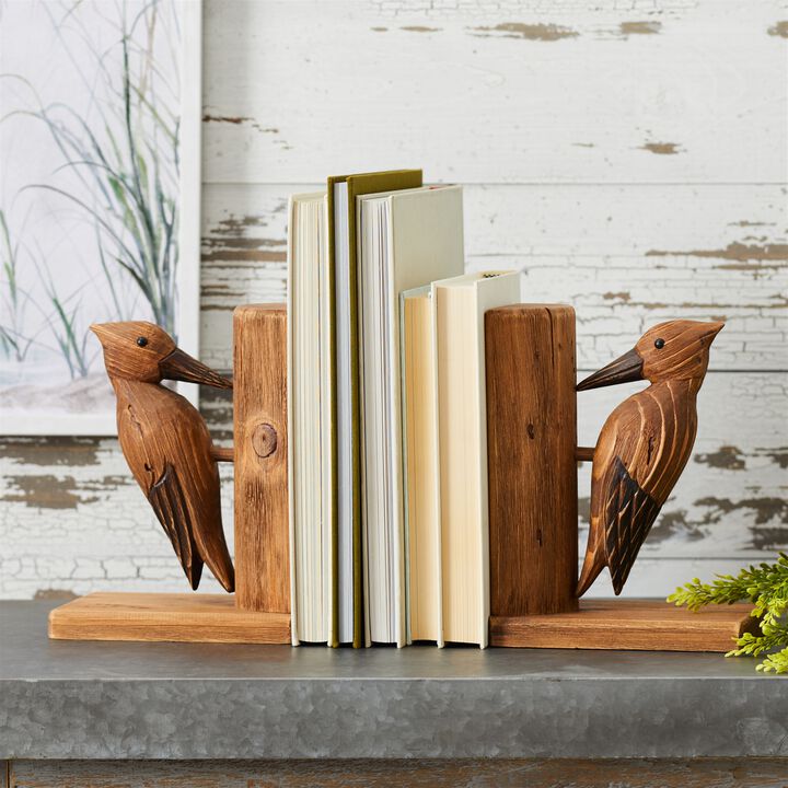 Set of 2 Pine Wood Woodpecker Bookends for Rustic Bookshelf or Desk Decor