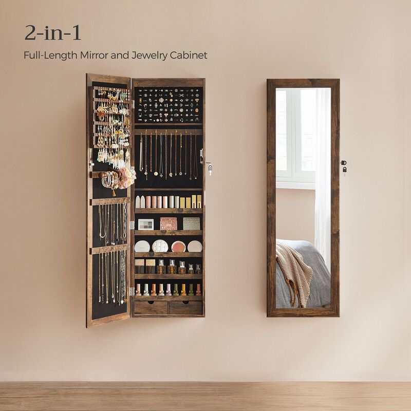 Wall/Door Mounted Jewelry Armoire 6-LED Mirror Cabinet with Lock, 2 Drawers, and Organizer