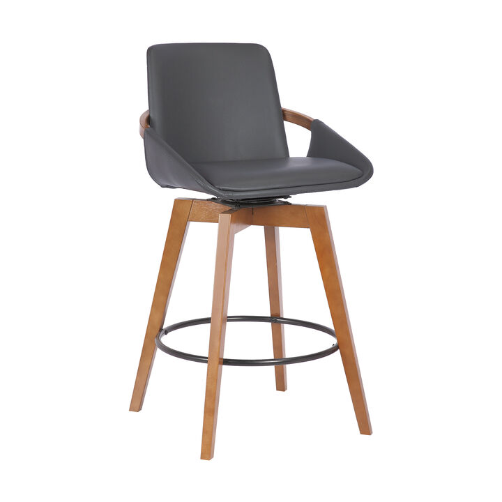 Baylor  Gray Faux Leather and Walnut Wood Swivel Bar Stool