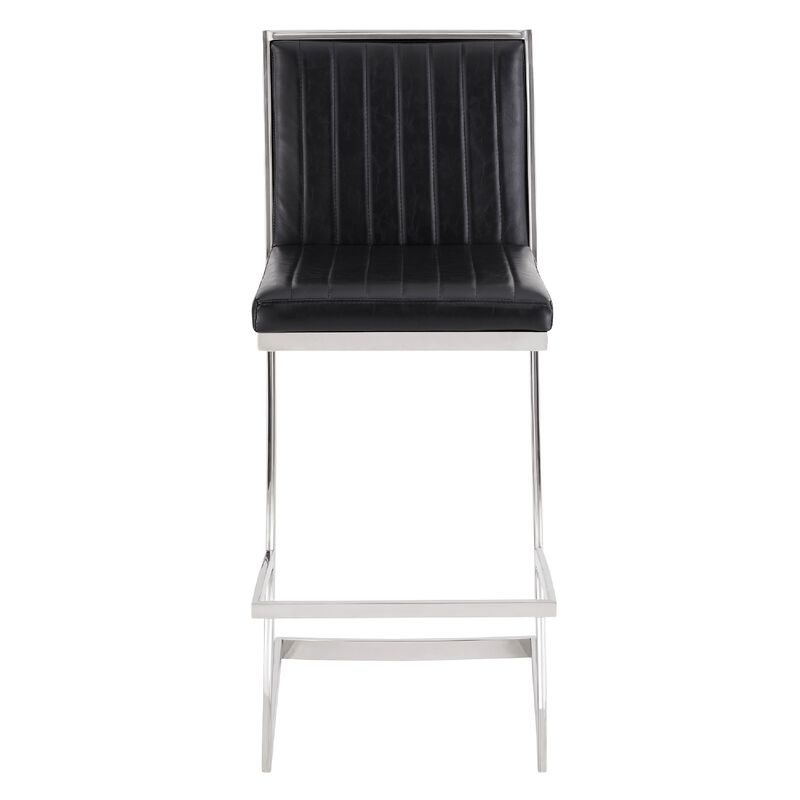 Barstool with Channel Stitching and Angled Cantilever Base, Black and Silver-Benzara