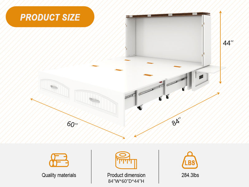 Murphy Bed Cabinet with Drawer Includes Storage Cabinet, Murphy Bed Queen Suit for Home Office or Small Room, Murphy Bed Full with Charging and USB Port, White Queen Murphy Bed Cabinet Bed