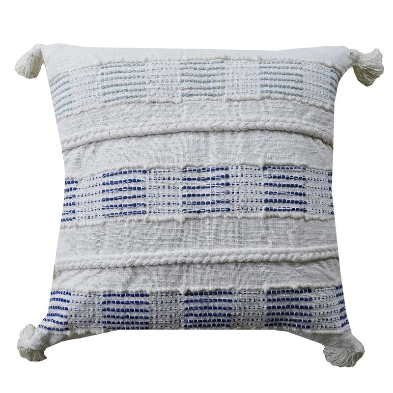 22" White and Blue Handloomed Throw Pillow with Tassels