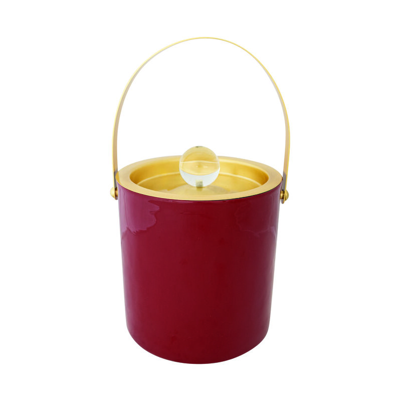 1.5-Quart Enameled Stainless Steel Ice Bucket with Glass Knob Handle, Red and Gold Finish image number 0