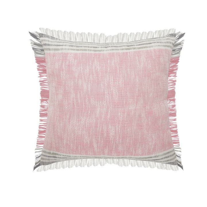 20" Pink and Gray Handmade Square Throw Pillow with Fringe