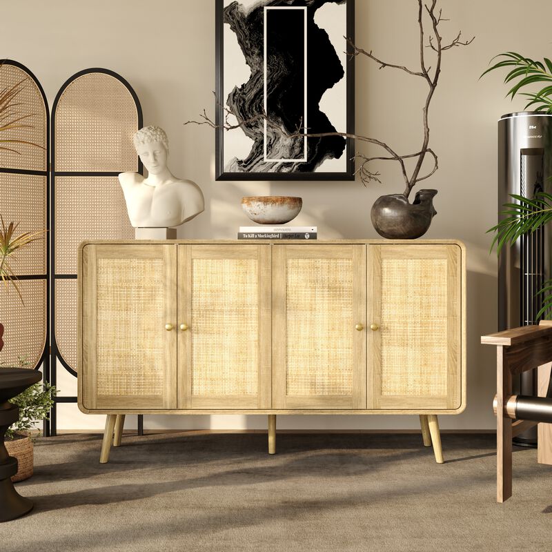 FUFU&GAGA Rattan Bookshelf, Modern Storage Cabinet with 4 Doors, Gold Handles & Solid Wood Legs, Freestanding Bookcase for Home Office, Study Room & Living Room (55.1" W x 32.1" H x 13.9" D), Natural Wood