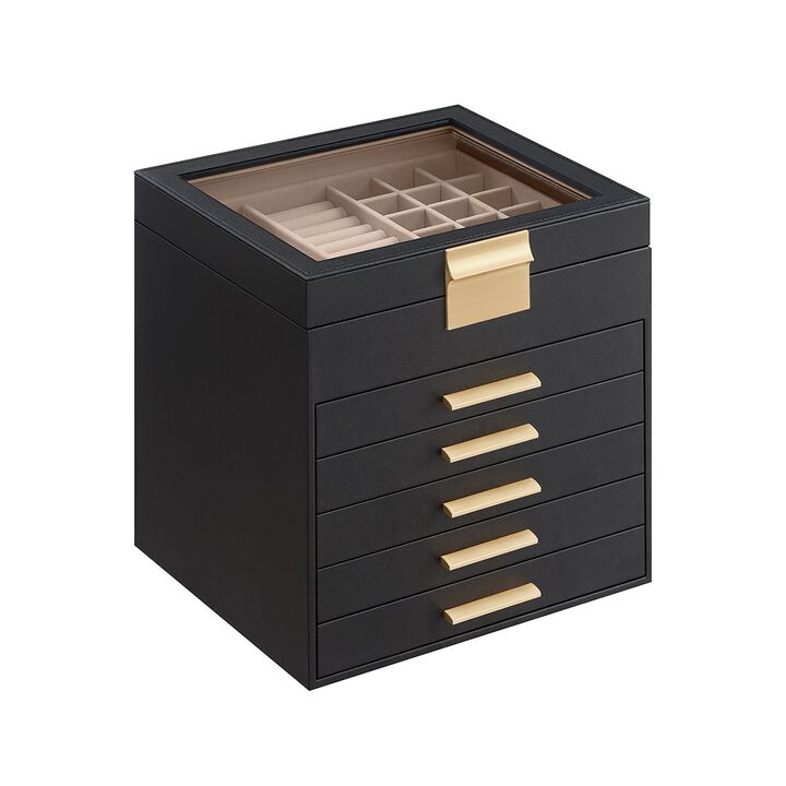 Elegant 6-Layer Jewelry Box with Glass Lid and 5 Drawers - Perfect Gift for Loved Ones