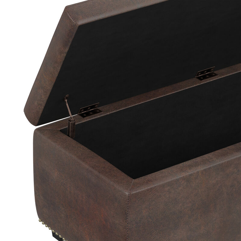 Hamilton 48 inch Wide Transitional Rectangle Storage Ottoman in Distressed Brown Vegan Faux Leather, Assembled image number 8