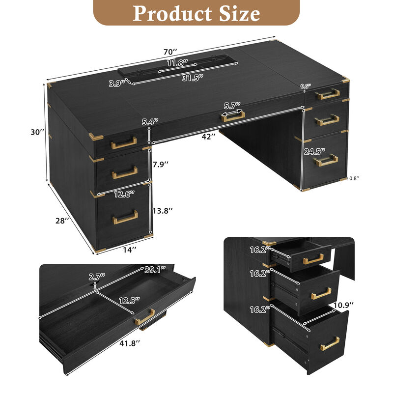 Whisen 70" Executive Desk, 7-Drawer USB MDF Metal for Home Office Study image number 9