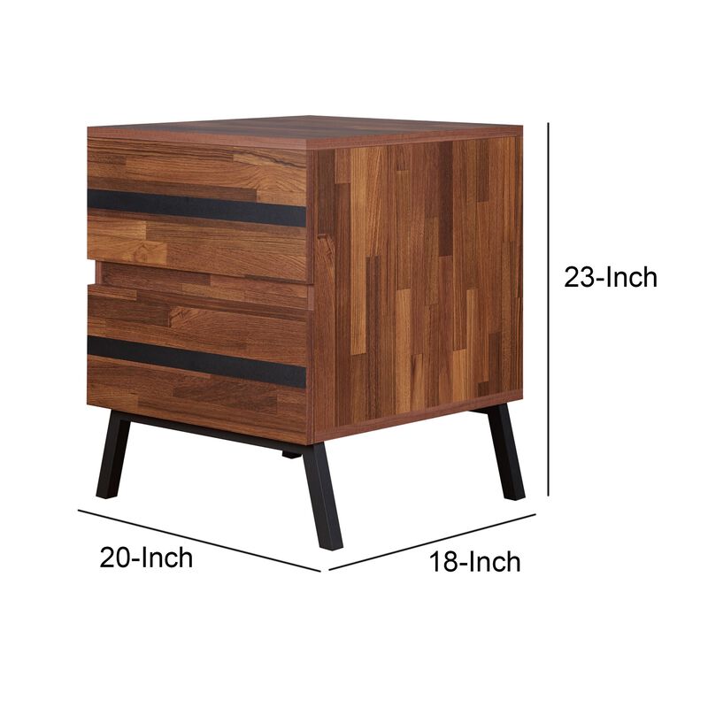 Two Drawers Wooden End Table with Angled Leg Support, Brown and Black-Benzara