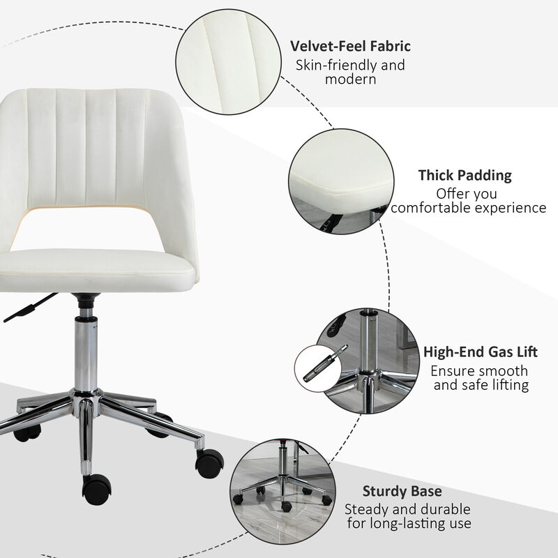 Vinsetto Modern Mid Back Office Chair with Velvet Fabric, Swivel Computer Armless Desk Chair with Hollow Back Design for Home Office, Cream White