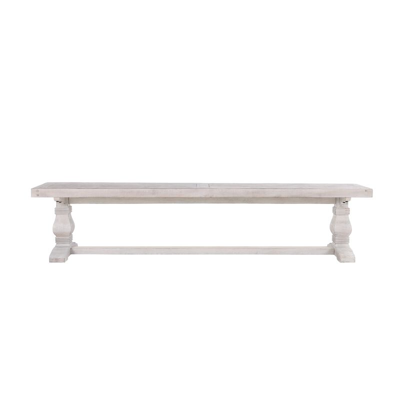 Kai 83 Inch Reclaimed Pine Dining Bench, Turned Pedestals, Antique White - Benzara