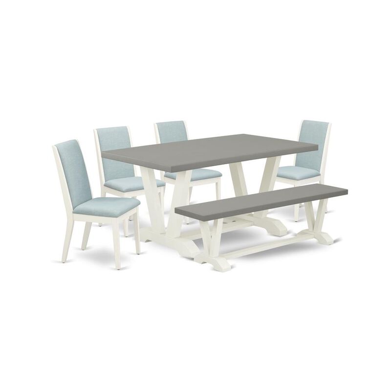 East West Furniture V096LA015-6 6-Piece Gorgeous Rectangular Table Set an Excellent Cement Color Dining Room Table Top and Cement Color Indoor Bench and 4 Wonderful Linen Fabric Padded Chairs with Sty