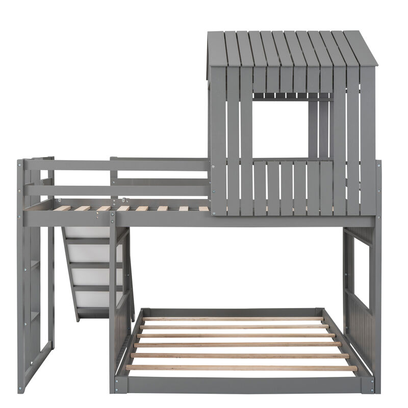Wooden Twin Over Full Bunk Bed, Loft Bed With Playhouse, Farmhouse, Ladder, Slide And Guardrail image number 7